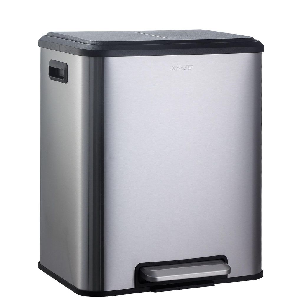 A stainless steel trash can with two compartments and a foot pedal.