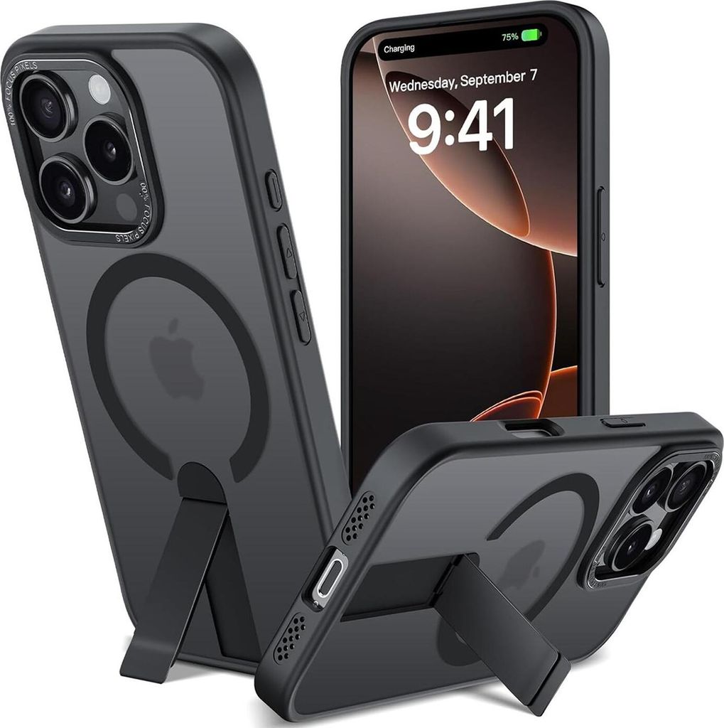 Conie Kickstand Magsafe Schutzhülle für iPhone 13 Pro Hybrid Hard Silikon Case Magnet Cover Hülle mit Aufstellfunktion in Schwarz