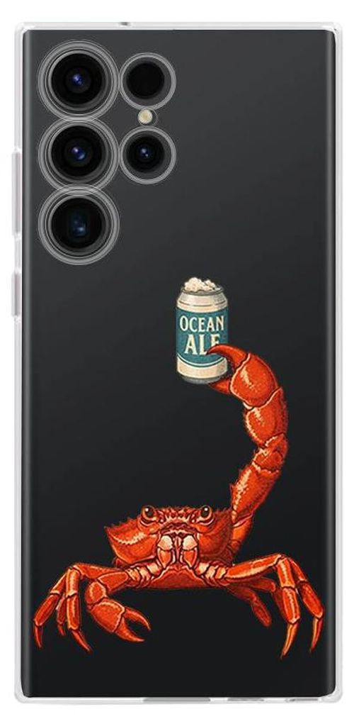 Flexible Hülle für das Samsung Galaxy S23 Ultra, Kameraschutz, TPU Silikon transparent, Krabbe mit Bier