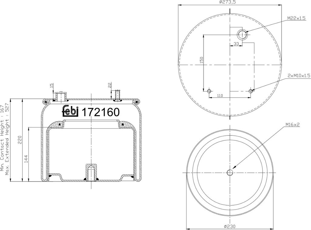 FEBI BILSTEIN Luftfederbalg 172160 Hinten Links Hinten Rechts für DAF CF 167 527mm 273 230mm
