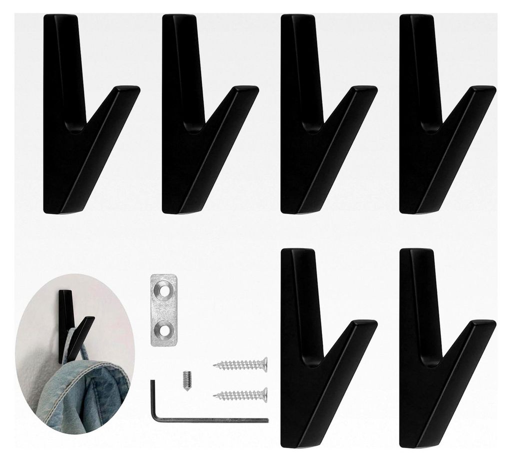 6er Set Garderobenhaken Schwarz, Wandhaken für Akustikpaneele, Zinklegierung, geeignet für Bad, Küche, Wohnzimmer