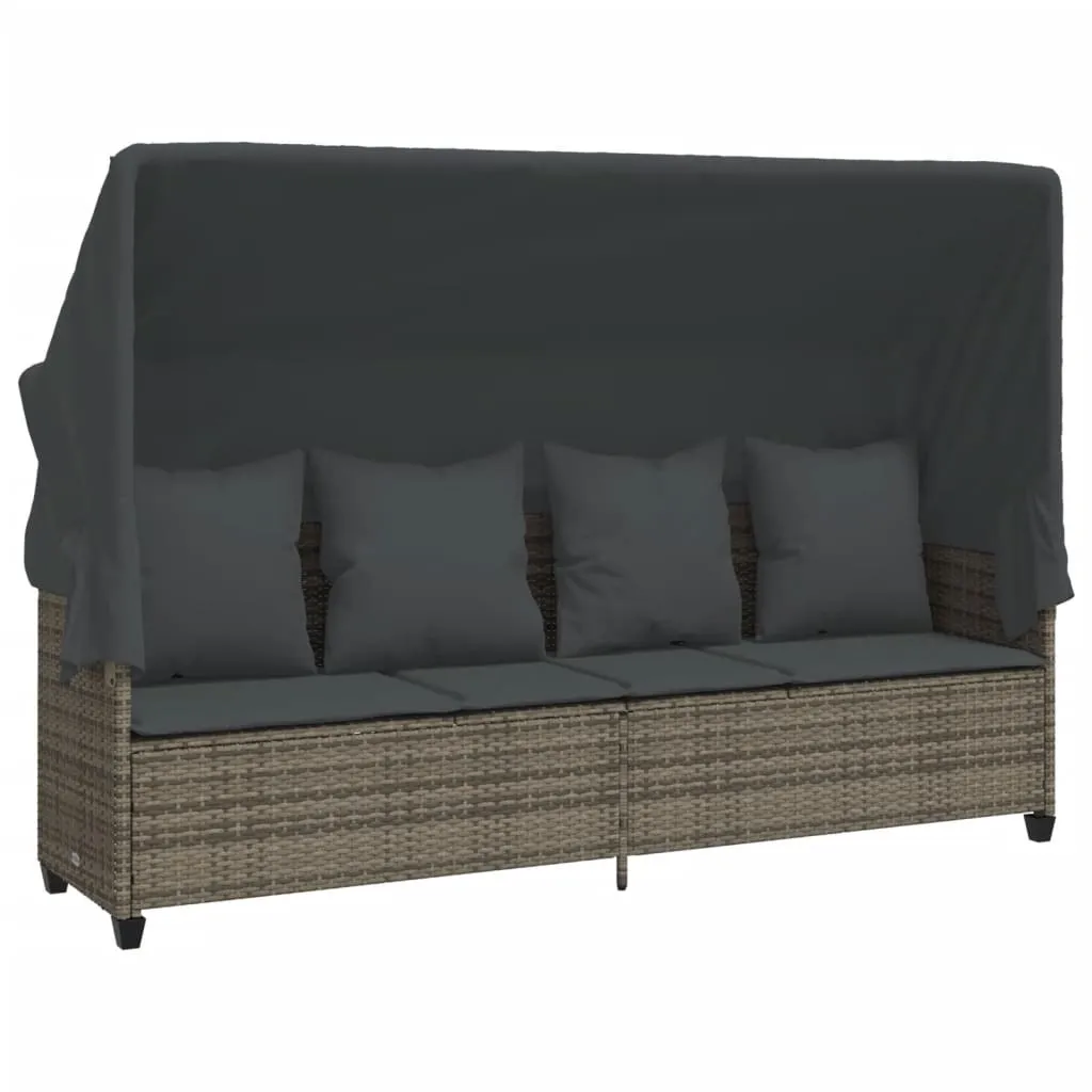 Lit de jardin double avec toit gris et coussins moelleux en poly rotin