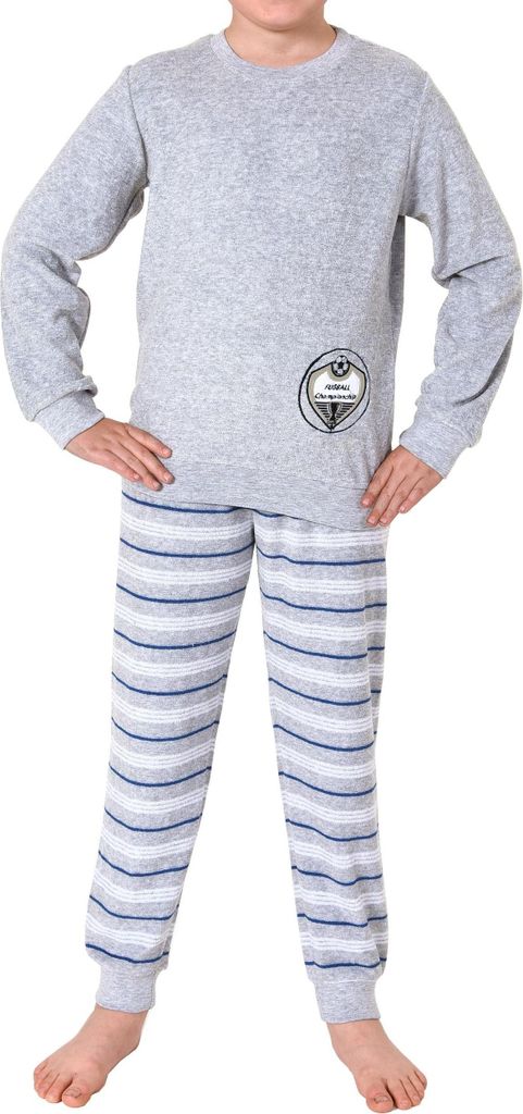 Cooler Jungen Frottee langarm Schlafanzug Pyjama mit Bündchen und Fussball-Motiv ; grau , 140