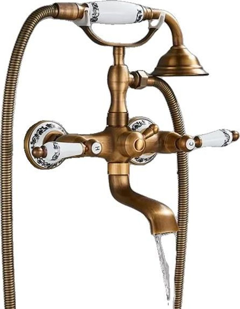 Badewannen-Duscharmatur, Dual-Handle, gebürstete Messing-Oberfläche, Antike Messing B
