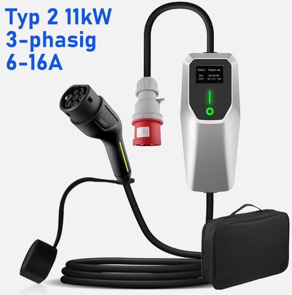 11kW EV Mobile Wallbox CEE Schuko Ladekabel 6-16A Typ 2 3 Phase für EV EU Mobile Wallbox Tragbares Ladekabel für Elektrofahrzeuge 4 m