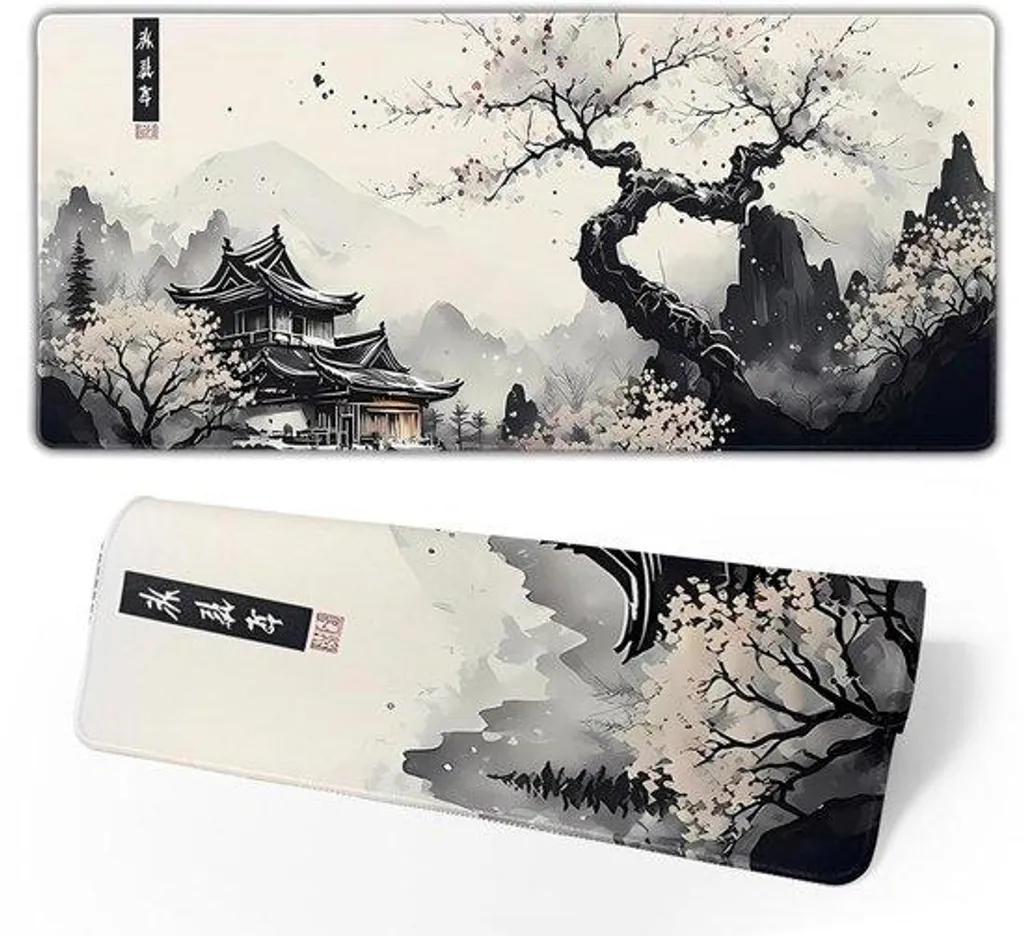 Tapis de souris gaming XXL 90x40cm - Design Pagode et Cerisiers Japonais