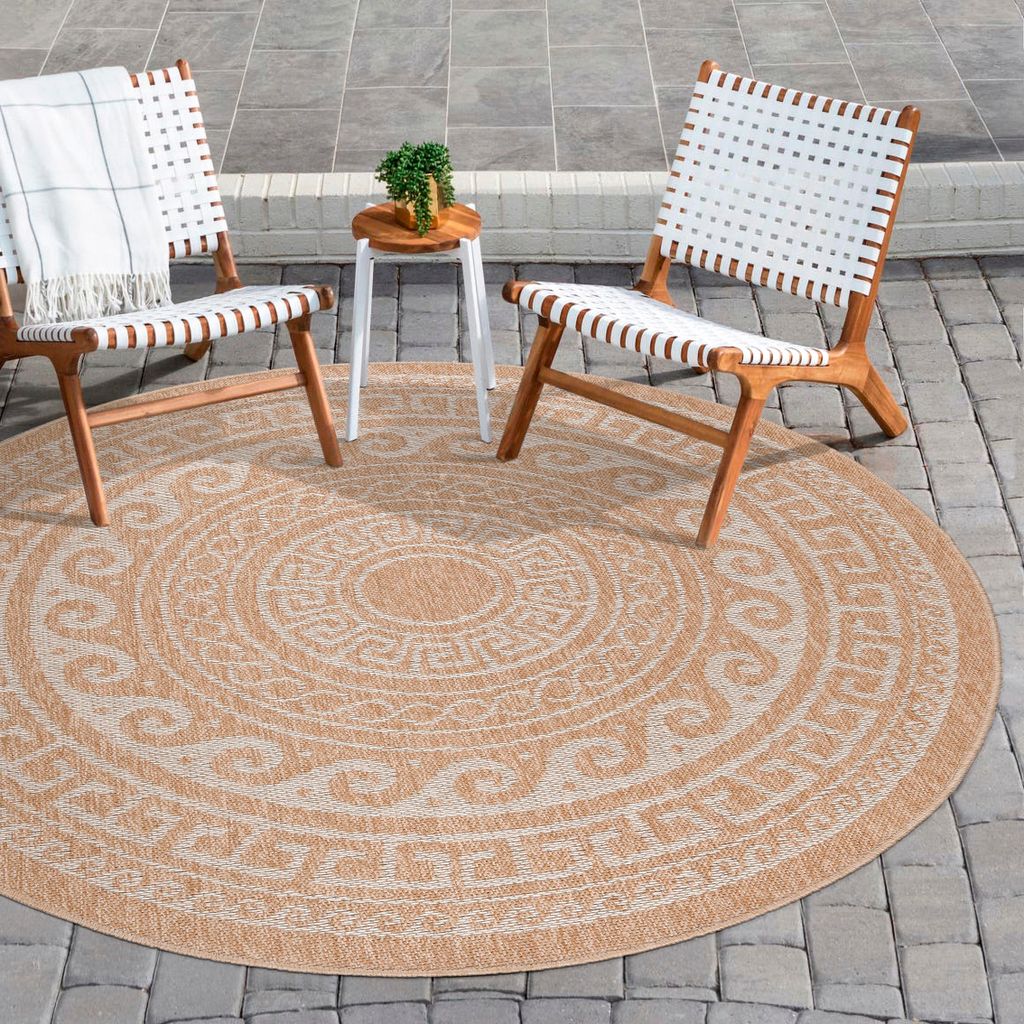 Runder Outdoor Teppich Vintage Design Wetterfest Naturfarben für Terrassen Küchen Balkon auch Wohnzimmer, Größe: 80 cm Rund, Farbe: Beige-2