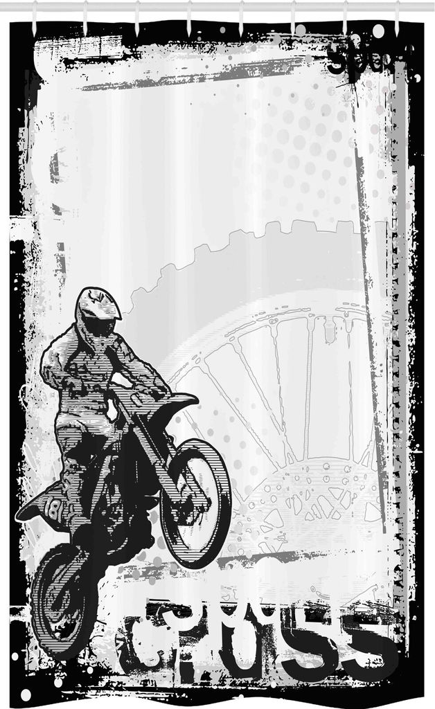 ABAKUHAUS inspirativ Schmaler Duschvorhang, Motocross Racer, Badezimmer Deko Set aus Stoff mit Haken, 120 x 180 cm, Weiß Schwarz