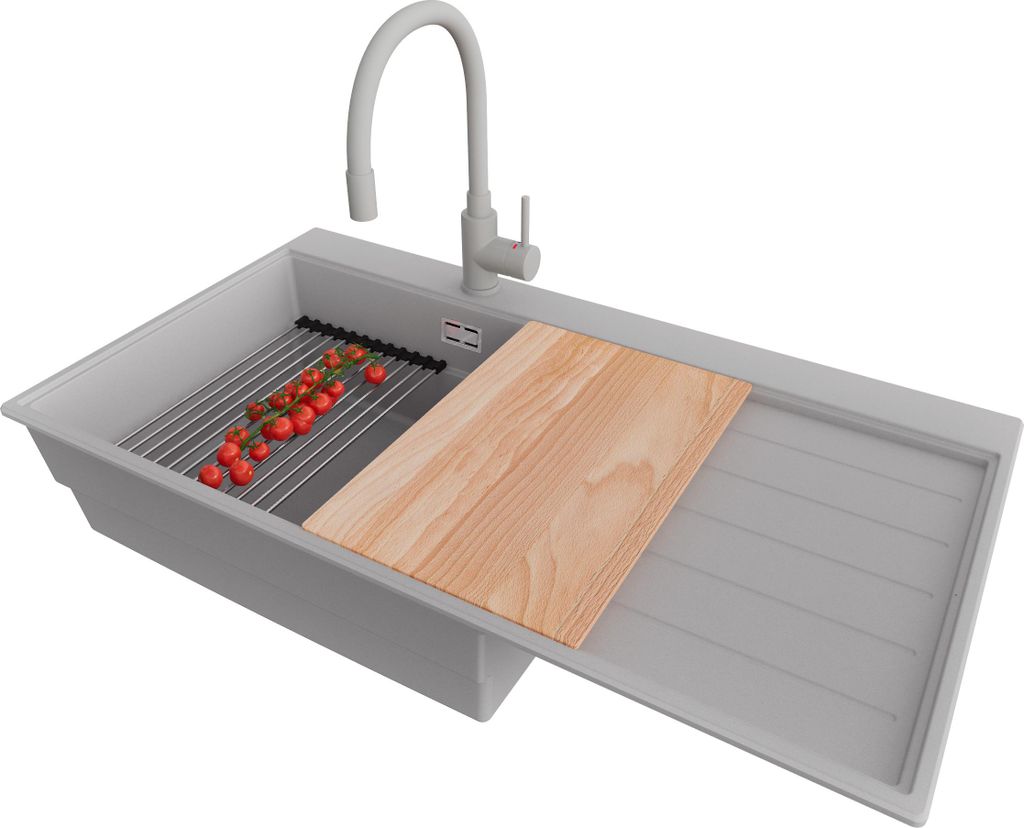 PRIMAGRAN Granitspüle Grau 90x50cm, Spülbecken 1 Becken + Küchenarmatur 38x14cm + Ablauf-Set + Küchenzubehörset, Küchenspüle ab 60er Untersc...