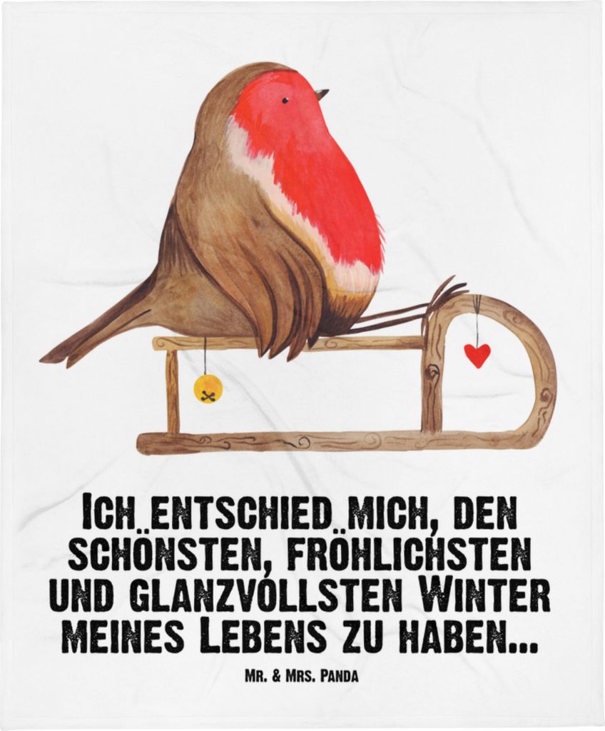 Mr. & Mrs. Panda Schlummerdecke Rotkehlchen Schlitten - Weiß - Geschenk, Fleecedecke, Plaid, Weihnachten, Babydecke, Vogel, Schmusedecke, Erstling...