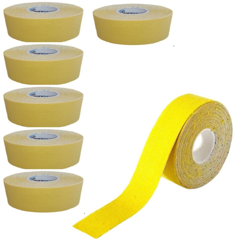 7 Rollen - Tapefactory24 Getting Started Kinesiologie Tape 2,5cm x 5m - gelb, Tapes Taping Klebeband Tapeverband Bandage wasserfest
