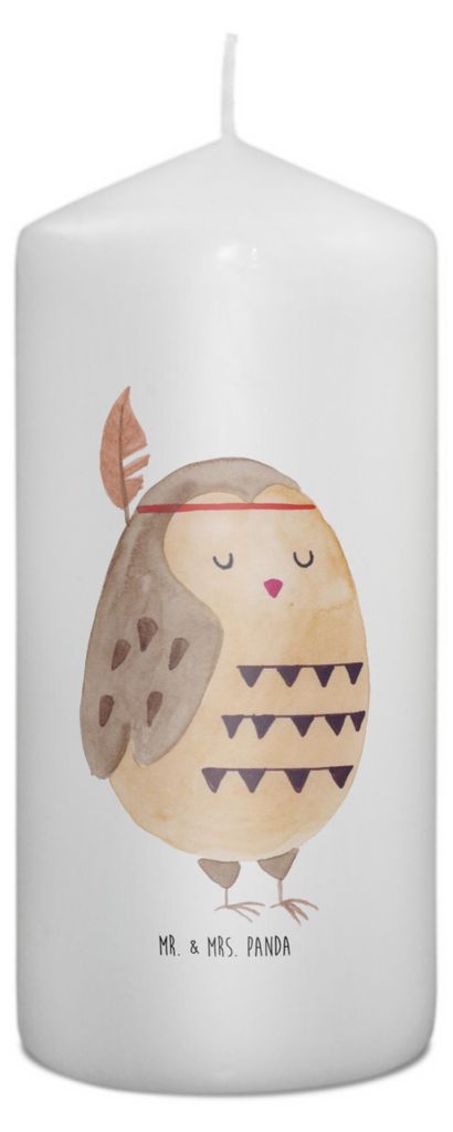 Mr. & Mrs. Panda Kerze Eule Federschmuck 15 x 7 cm - Weiß - Geschenk, Blockkerze, Bedruckte, Stumpenkerze, Wachskerze, Waldtiere, Abenteuer, Dekor...