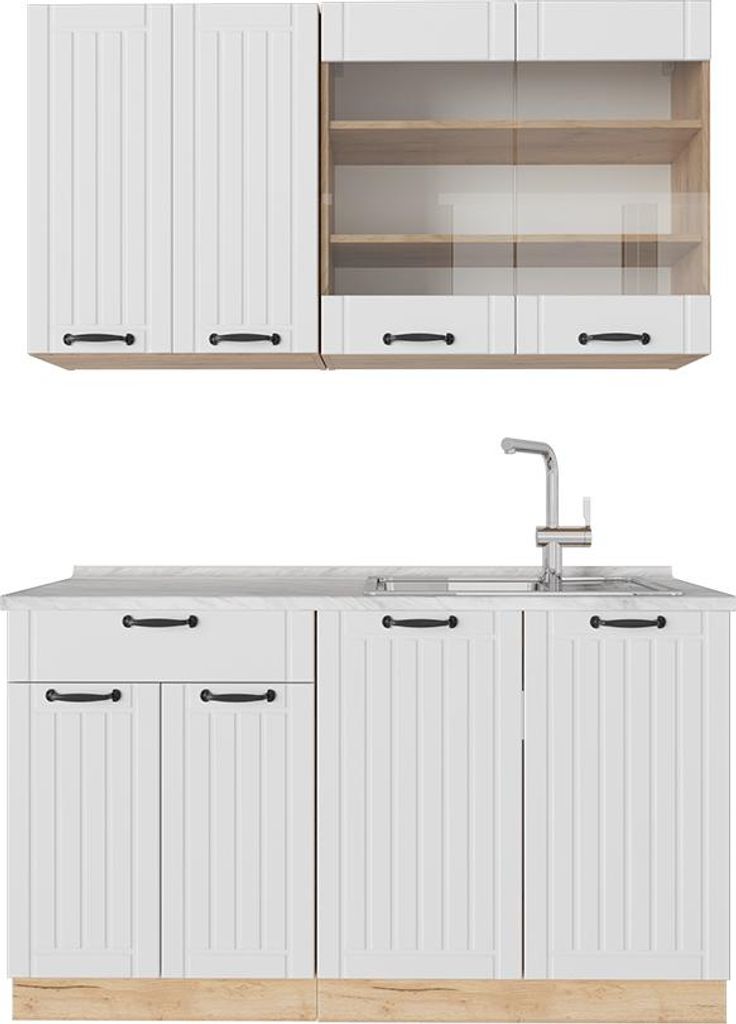 Vicco Singleküche Fame-Line, 140 cm , AP Marmor, Weiß Landhaus/Goldkraft Eiche
