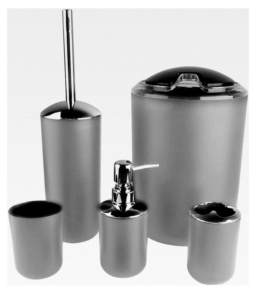 Badezimmer Zubehörset 6-teilig mit Seifenspender, Seifenschale, Zahnbürstenhalter, Zahnputzbecher, Toilettenbürste und Mülleimer (Grau)