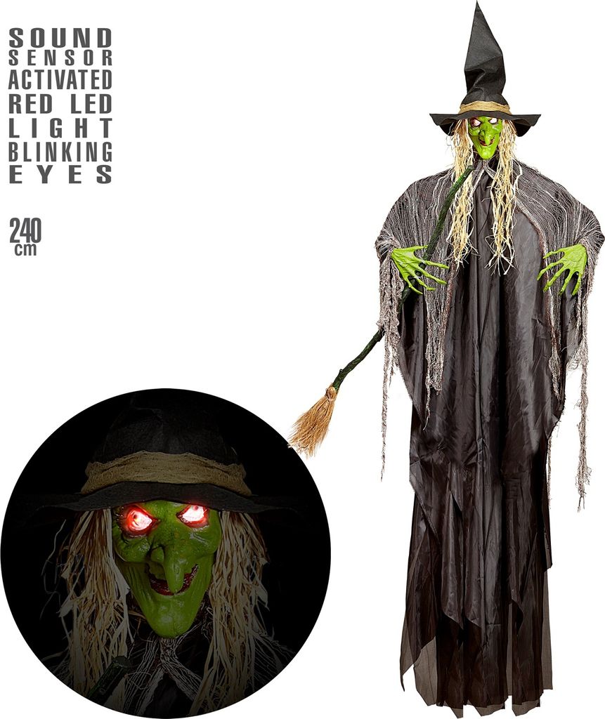 Halloween Figur - Hexe mit Besen und leuchtenden Augen Produktbild 