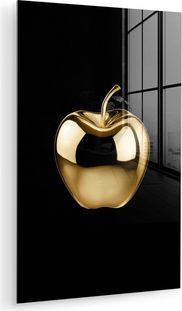 MuchoWow Glasbilder - Bilder auf Wandbild - Foto auf Glas Apfel - Gold - Chrom - Schwarz 20x30 cm Wanddekoration aus Glas - Acrylglasbild - Acrylbi...