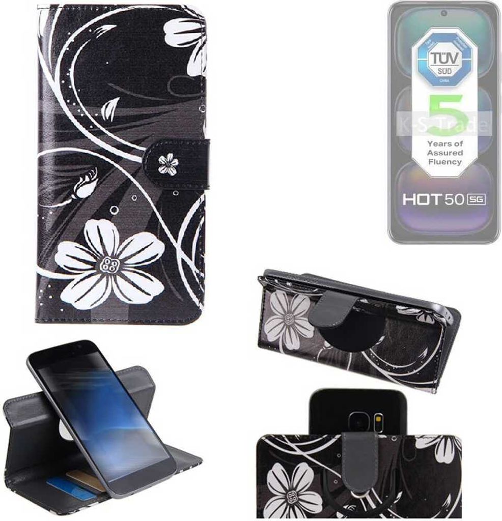 K-S-Trade Schutzhülle Handyhülle kompatibel mit Infinix Hot 50 5G Hülle 360° Wallet Case “Flowers“ Klapphülle Hülle schwarz-weiß 1x