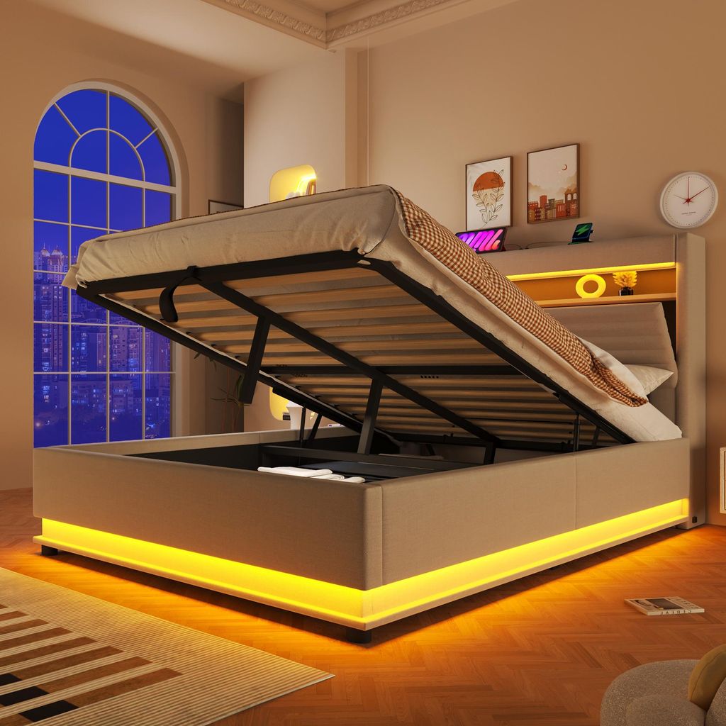 Lit rembourré hydraulique Flieks 140 x 200 cm avec LED, lit Image du produit 
