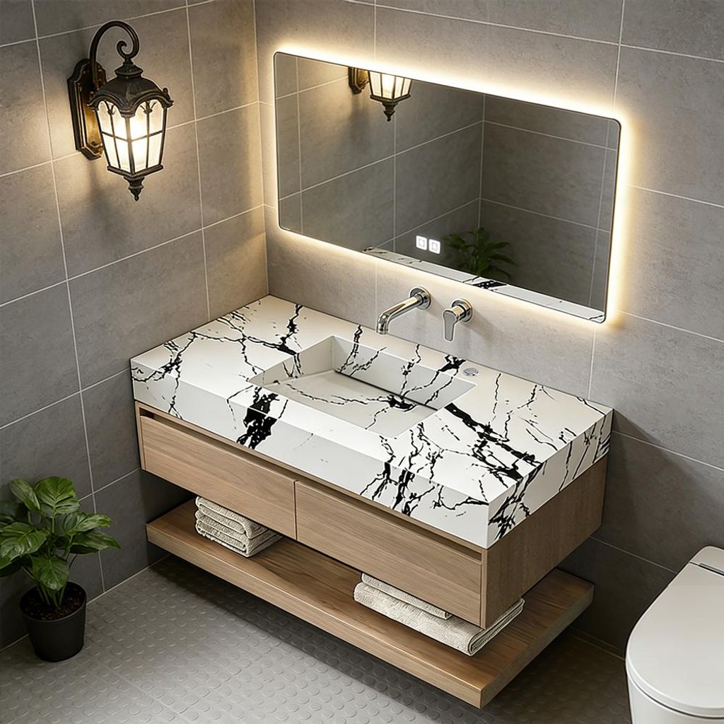 Badmöbel-Set mit Sinterstein-Waschbecken, verdecktem Ablauf, Spiegel, Unterschrank, Ablage, Ablaufgarnitur【PX33-BGL-140】
