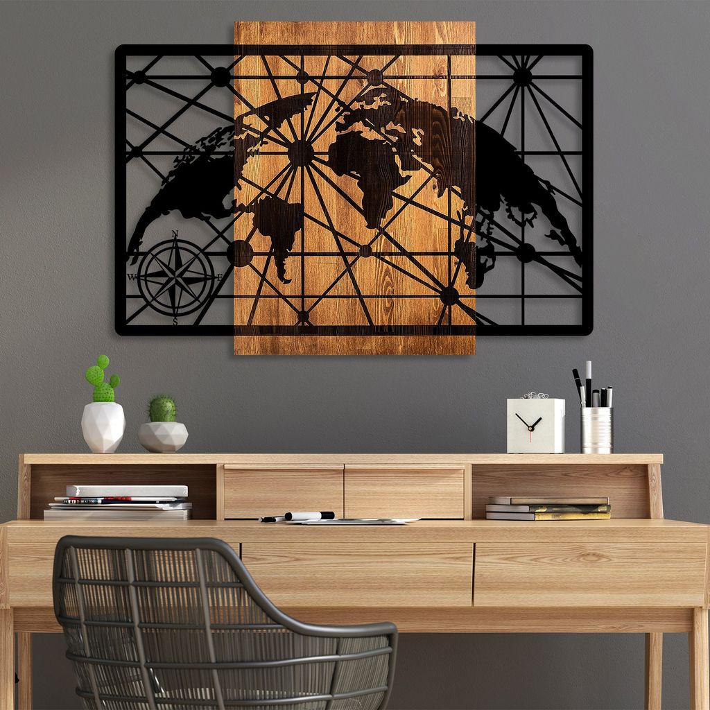 Wallity, World Map 5-L, Dekoratives Wandaccessoire aus Holz, 100 % HOLZ / METALL, Nussbaum, 70 x 99 cm