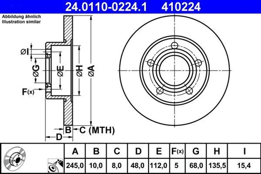 Disque de frein arrière plein ATE compatible Audi A4 et Passat 3B/3BG