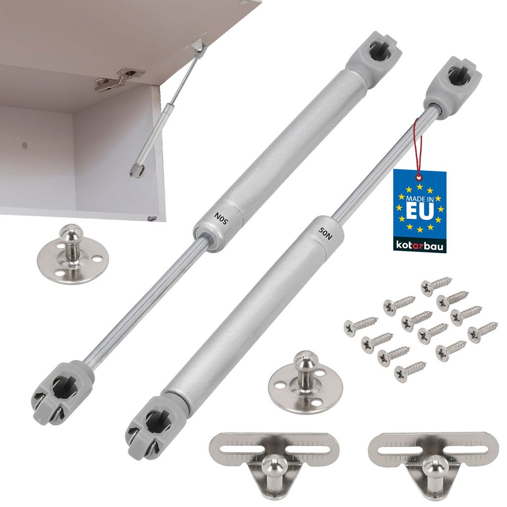 A set of gas pressure springs for furniture, along with mounting hardware, displayed on a white background.