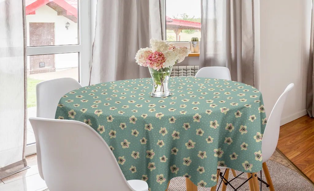 Tovaglia Rotonda 150 cm Fiori e Pois Verde Acqua ABAKUHAUS Lavabile