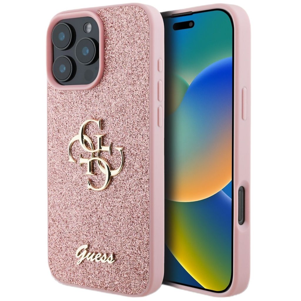 A pink glitter phone case with a gold Guess logo and the word 'Guess' is shown next to an iPhone.