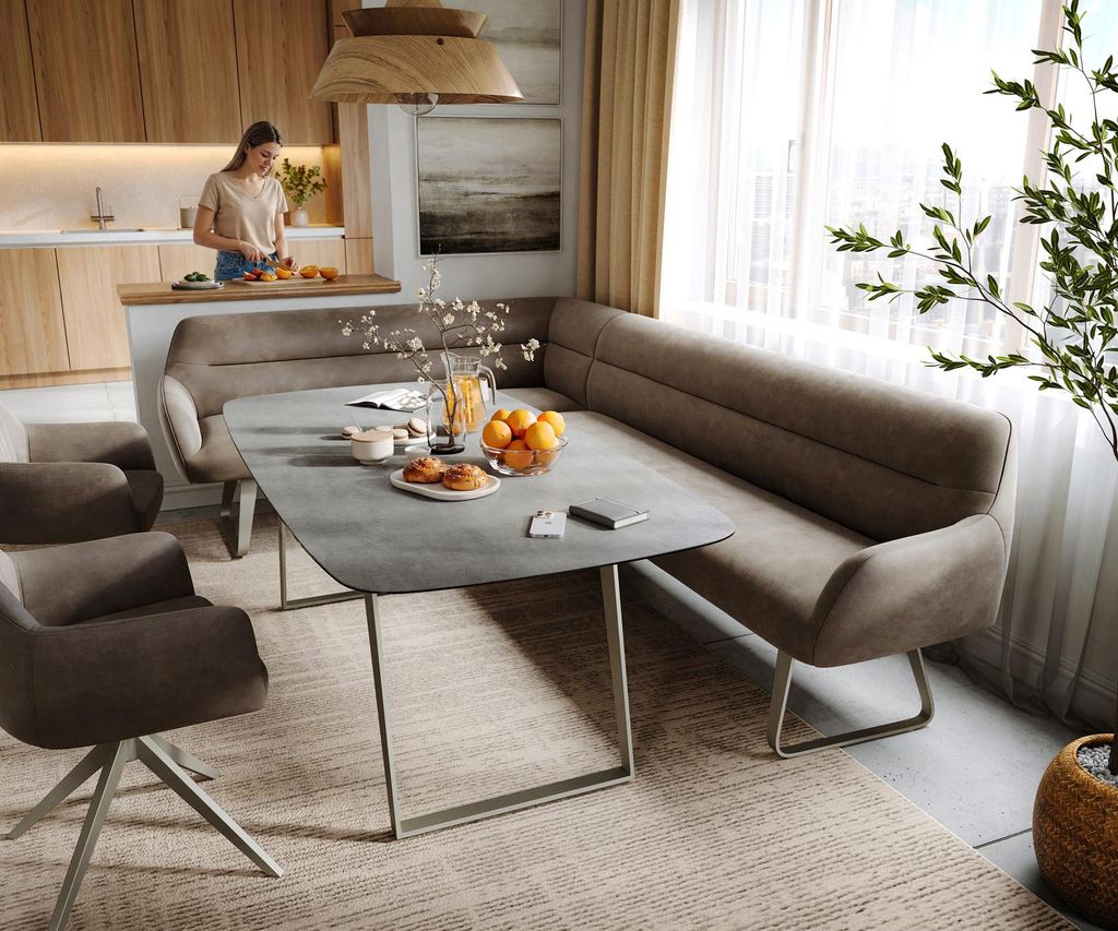DELIFE Esszimmerbank Taya-Flex 285x190 cm Mikrofaser Taupe Vintage Kufengestell flach Effektfinish Titan Taschenfederkern Rechts