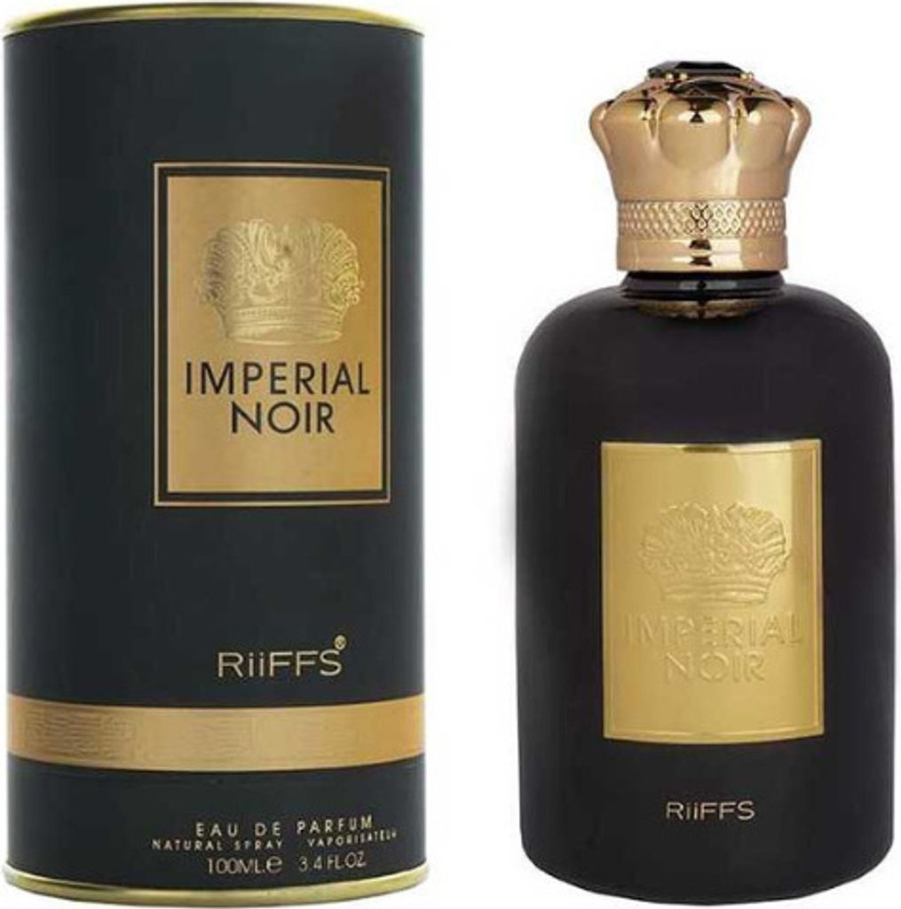 A perfume bottle and its packaging are displayed against a white background.