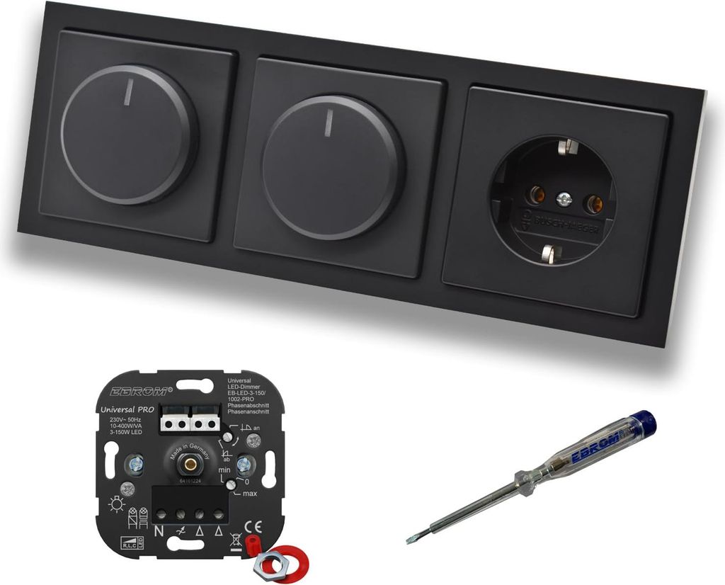 EBROM 1002 Universal PRO (2 x) LED Drehdimmer Dimmer + Busch Jäger Dimmerscheibe 6540-885-102 und Steckdose 20EUC-885 in Future Linear Schwarz mat...