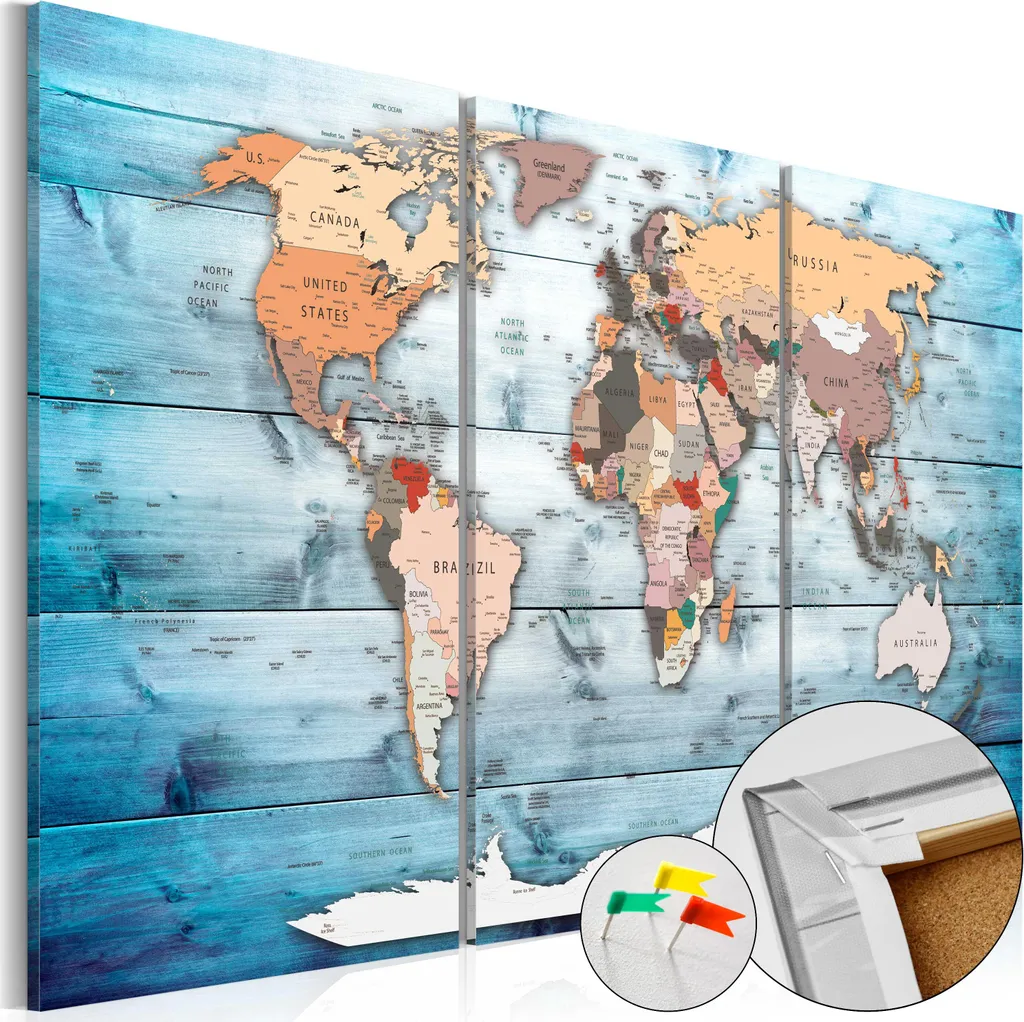 Bacheca Mappa del Mondo Design 90x60 cm - Quadro su Tela Viaggi
