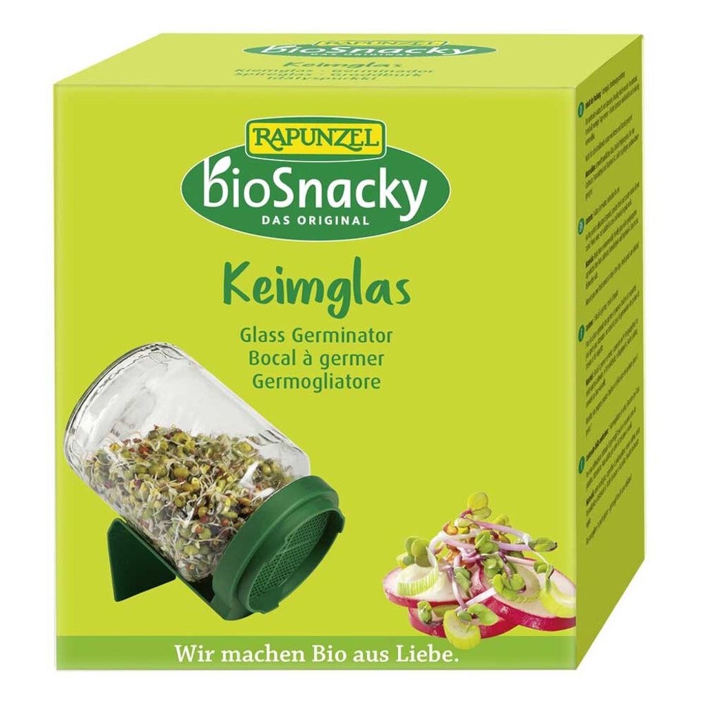 A box of Rapunzel BioSnacky glass germinator with an image of the germinator jar and some sprouts.