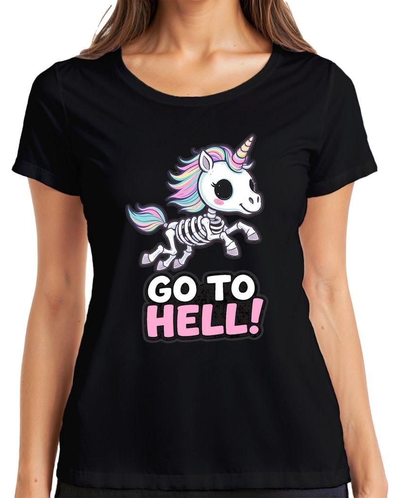 Skelett Einhorn Go To Hell Pastell Regenbogenmähne Gothic Damen T-Shirt, Schwarz, M
