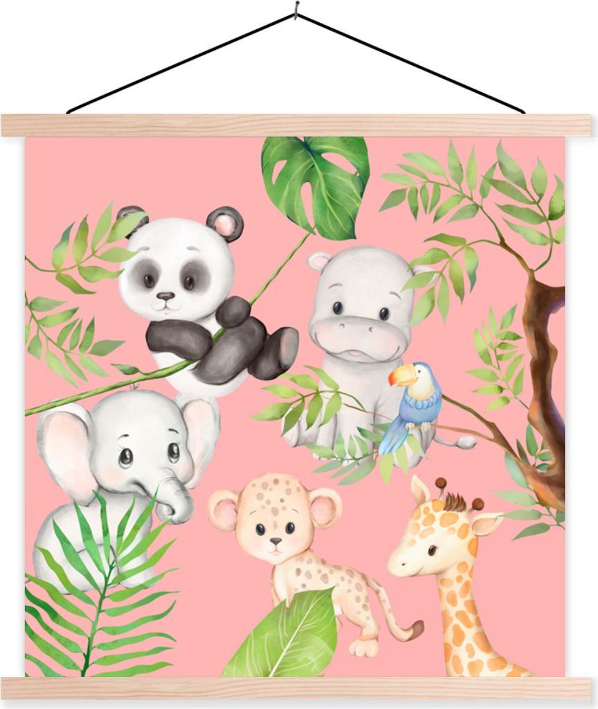 MuchoWow Textilposter Dschungel - Rosa - Tiere 120x120 cm mit holzfarbenen Rahmen - Textil-Poster