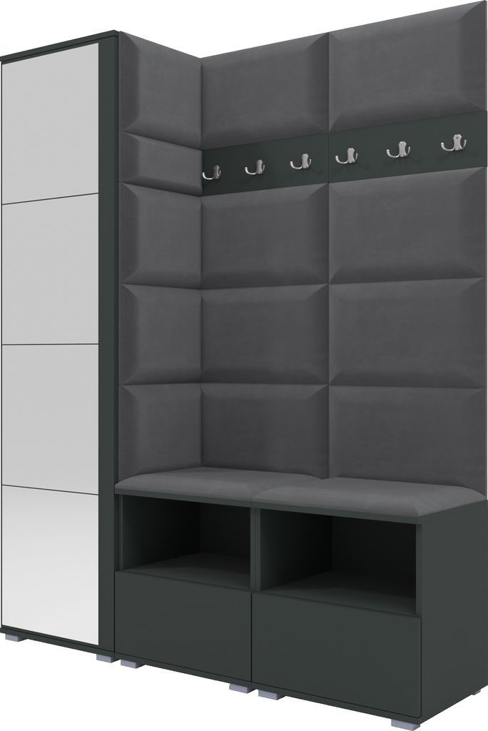 Garderoben-Set Nela II mit Spiegel, Polstergarderobe mit zwei Schuhschränke und Wandpaneele, Flurgarderobe mit Hochschrank (Farbe: Graphit + Trini...