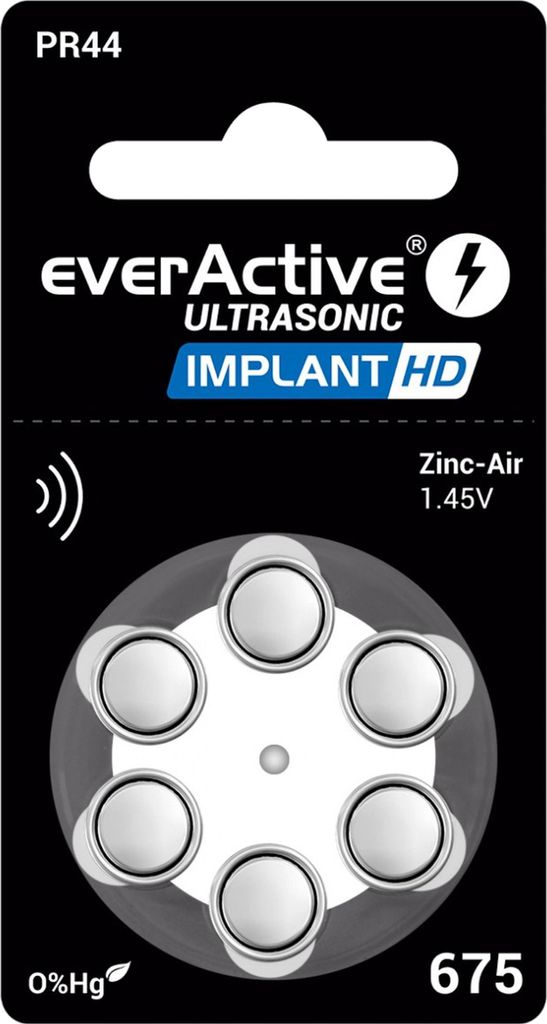 EverActive 675 Hearing Aid Batteries High Performance Zinc Air Batteries 1 Blister Card 4 Year Shelf Life Blue Implant HD PR44 - Pack of 6