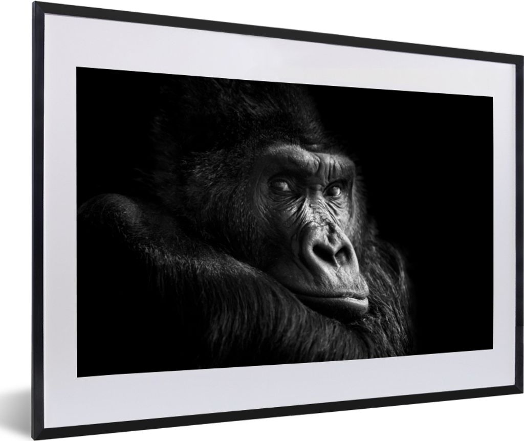 MuchoWow Gerahmtes Poster Gorilla - Affe - Schwarz - Weiß - Porträt 60x40 cm - Poster mit Schwarzem Bilderrahmen Wandposter Rahmen Foto Bilder ...