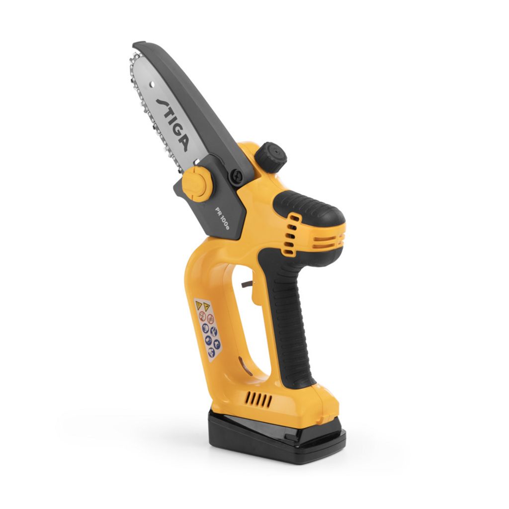 A yellow and black electric chainsaw with a black base, set against a white background.