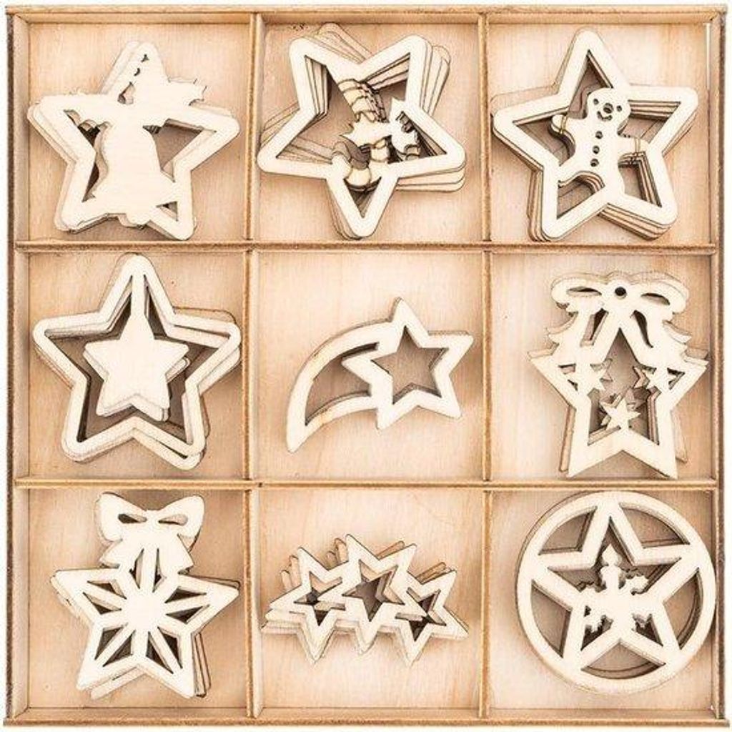 Holz-Weihnachtsdeko mit Sternen, 63-teilig, Tischdeko