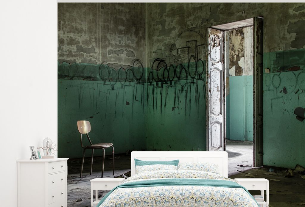 MuchoWow Fototapete für Wohnzimmer oder Schlafzimmer Wandtapete Vinyl Motivtapete Stuhl - Stein - Tür - Architektur - 375x300 cm - Tapezierpapier