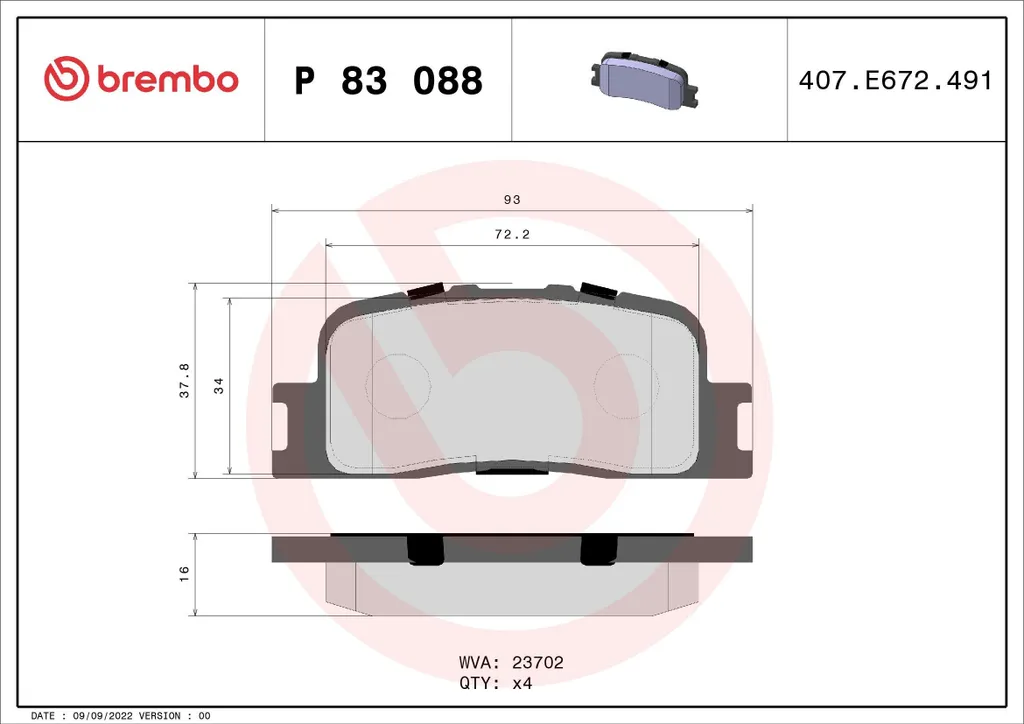 Plaquettes de frein arrière Brembo P83088 compatible Toyota Camry V3