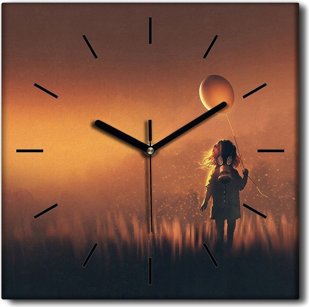 Coloray Uhr auf Leinwand 30x30 cm Wand Uhr Dekoration Wohnzimmer Segeltuch schwarze Hände -Ballons Gasmaske