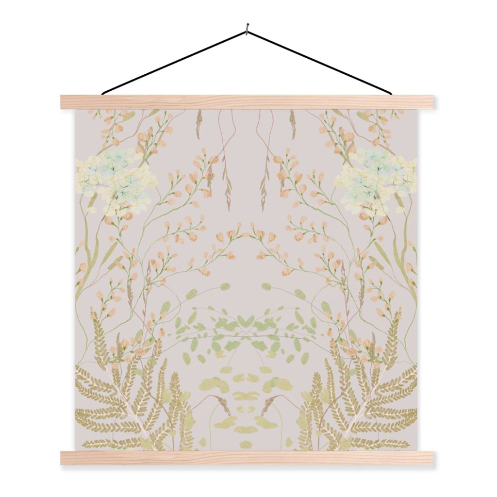 MuchoWow Textilposter Blätter - Blumen - Pastell - Grau 60x60 cm mit holzfarbenen Rahmen - Wanddekoration