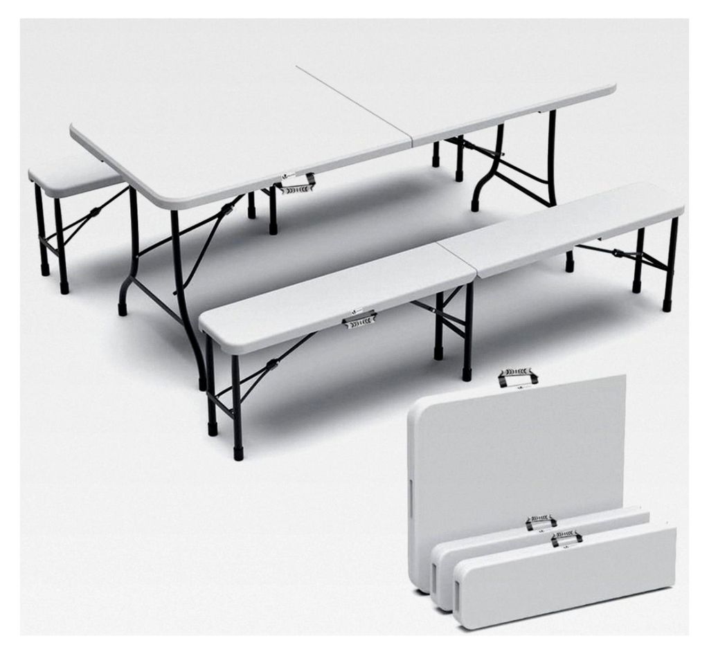 Klappbare Bierzeltgarnitur 3-teilig, 1 Biertisch & 2 Bierbänke, Festzeltgarnitur 180 * 75 * 75 cm, Gartengarnitur Campingset, Weiß