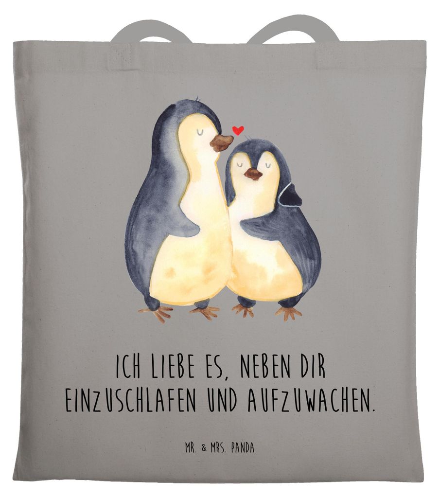 Mr. & Mrs. Panda Stoffbeutel Pinguine Einschlafen - Light Grey - Geschenk, dokumententasche, für Partner, Valentinstag, Liebesgeschenk, Freundin, ...