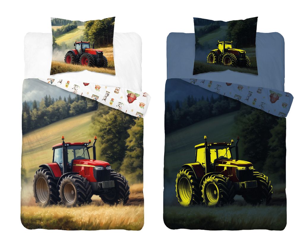 Two bedding sets with tractor designs, one in daylight and one in a darker, illuminated setting.