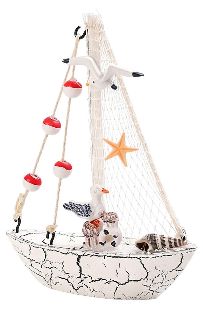 Mini-Segelboot-Modell, nautische Dekoration aus Kunstharz mit Muscheln und Seesternen, rustikales Vintage-Strand- und Ozeanmotiv, Schiffsornament f...