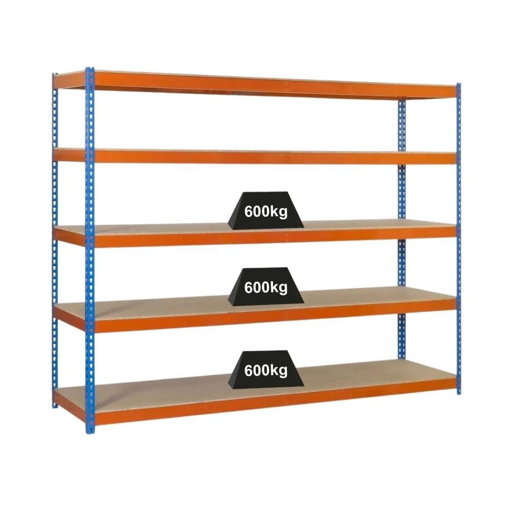 PROREGAL Schwerlastregal WOOD BEAST FIVE | HxBxT 200x180x75cm | 5 Ebenen | Fachlast 600kg | Blau-Orange | Weitspannregal Werkstattregal Lagerregal ...