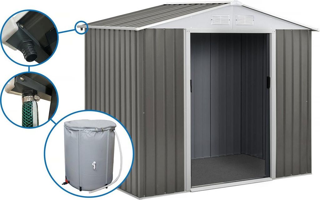 Gerätehaus aus Metall "Dallas" - 5,29 m² mit Dachrinne und Wasserauffangbecken - Taupe